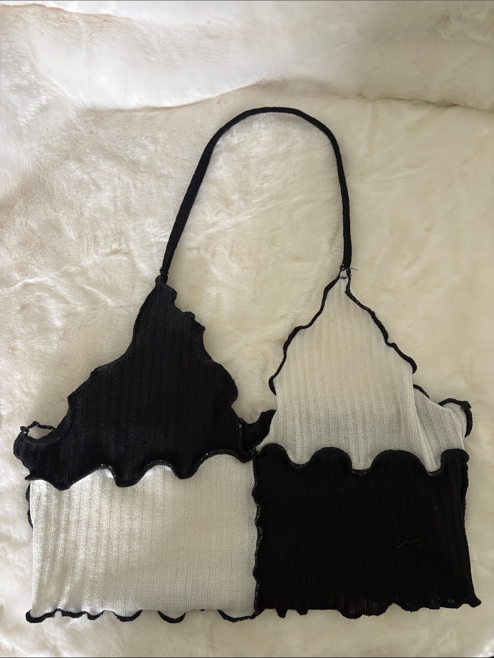 Black & White Colorblock Ribbed Halter Crop Top